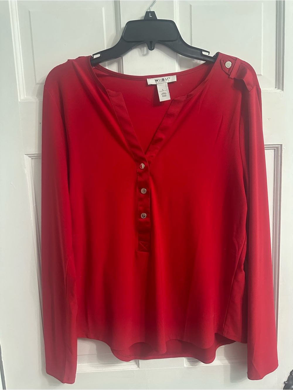 White House Black Market Red Long-Sleeve V-Neck Button-Placket Blouse